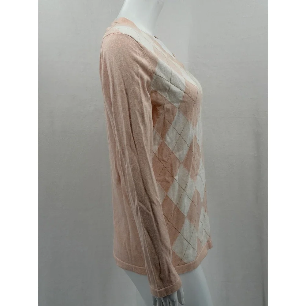Tommy Hilfiger Sweater Womens Large Pink Peach Argyle V-Neck Tennis Prep Pastel - Picture 4 of 11